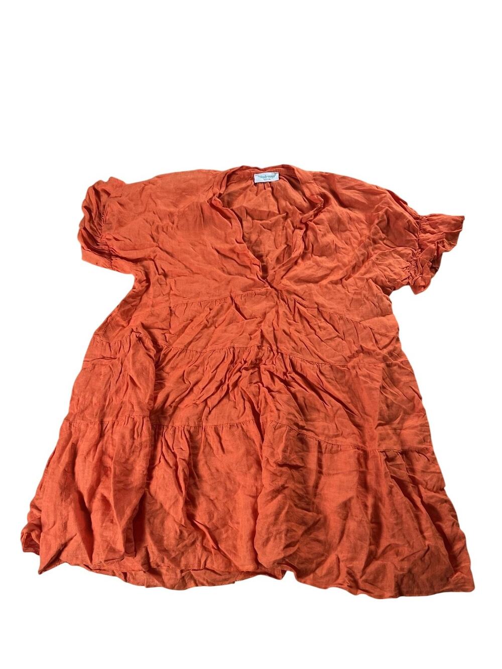 Wodemaya Dress Womens L Orange Blouson Short V-Neck Linen Ruffle Italy